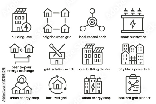 Smart energy icons: grid, substation, solar, urban power, localized grid