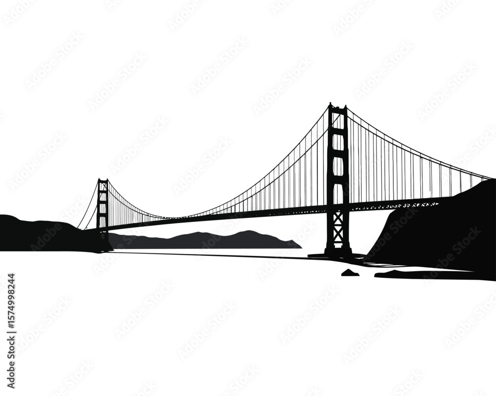 Fototapeta premium Minimalist Black Silhouette of Golden Gate Bridge on White Background