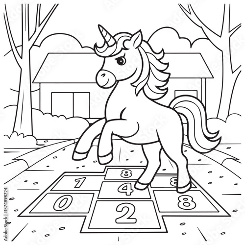 Cute Unicorn Coloring Pages with Black and white vector illustration