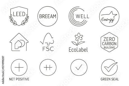 Green certification symbols: leed, breeam, well, energy, fsc, ecolabel, zero carbon