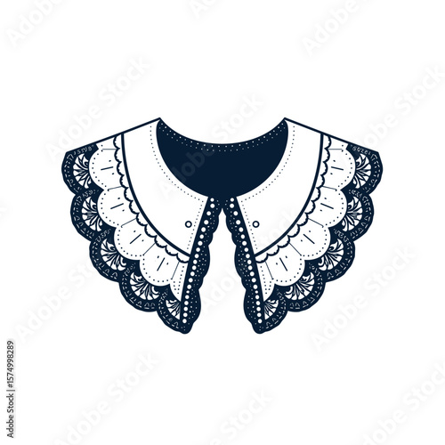 Stylized decorative collar design with lace details on white background
