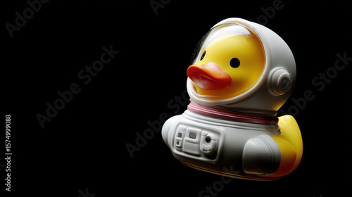 Yellow rubber duck in a space helmet floating in zero gravity