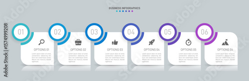 Horizontal progress bar featuring 6 arrow-shaped elements, symbolizing the six stages of business strategy and progression. Clean timeline infographic design template. Vector for presentation