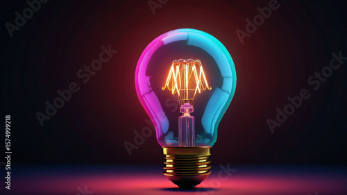 A neon lightbulb glows with vibrant pink, blue, and orange hues, symbolizing innovation and bright ideas