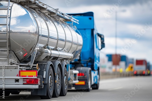 Oil tanker truck with reflective chrome tank and blue cab driving on highway, emphasizing fuel transportation and energy logistics