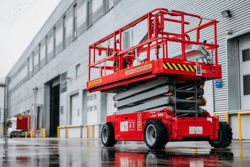 Close-up of a red scissor lift parked on wet pavement outside a large industrial factory building with metal siding and roller doors