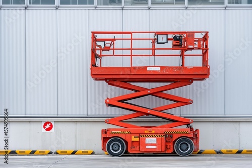 Close-up of a red scissor lift in front of a gray industrial building, emphasizing construction equipment and maintenance access