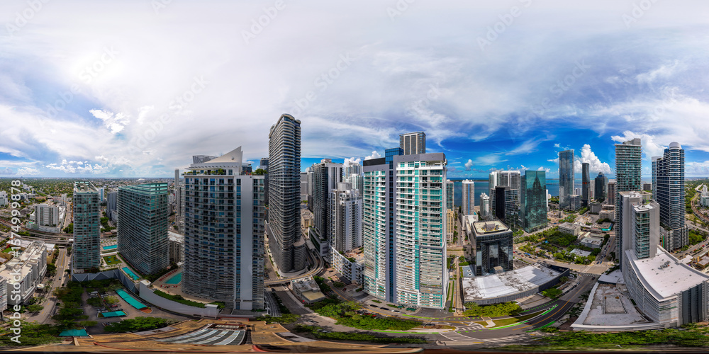 Fototapeta premium Aerial 360 equirectangular photo Downtown Brickell Miami Florida 2025