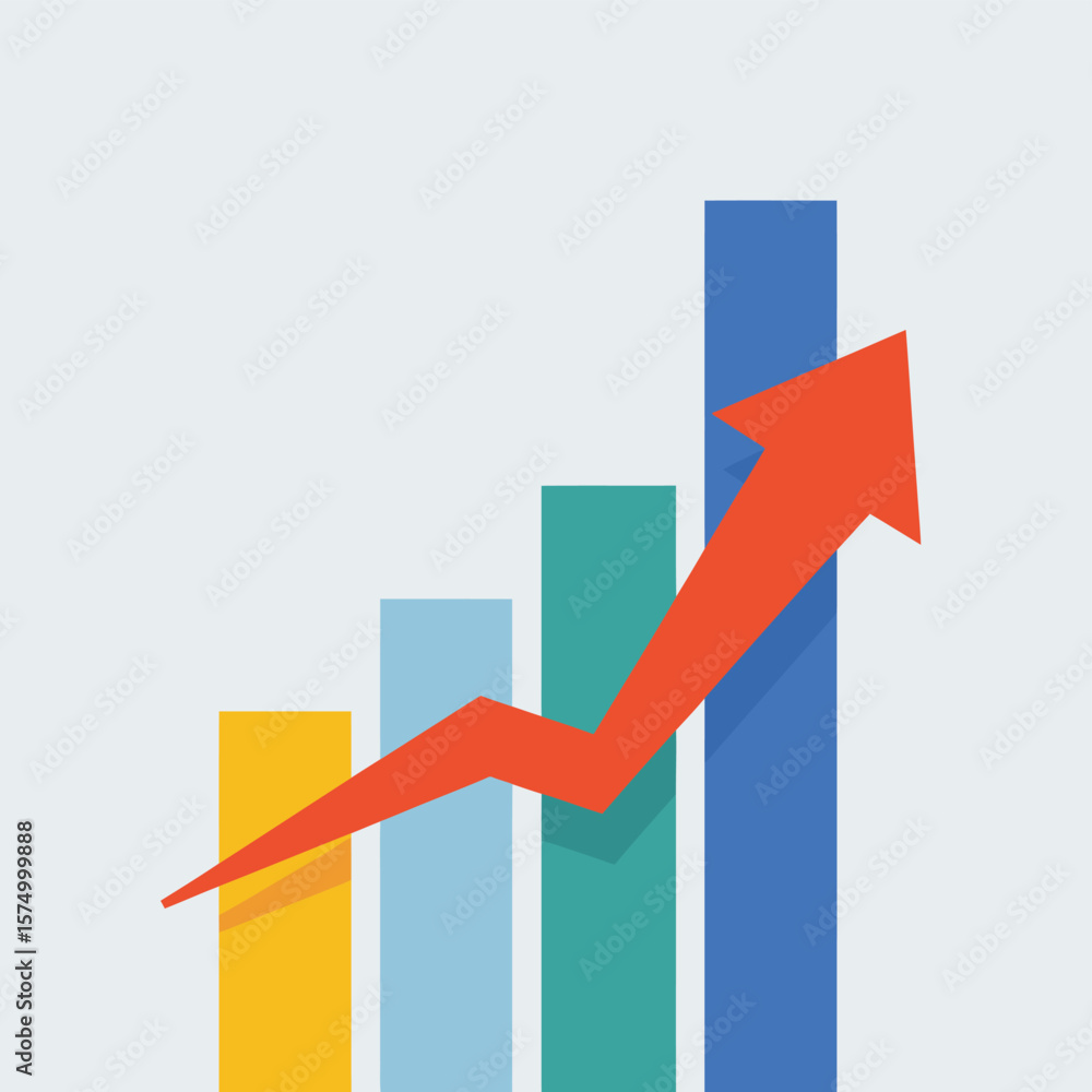 Colorful bar graph with a red arrow indicating upward trend and growth Colorful bar graph with a red arrow indicating upward trend and growth