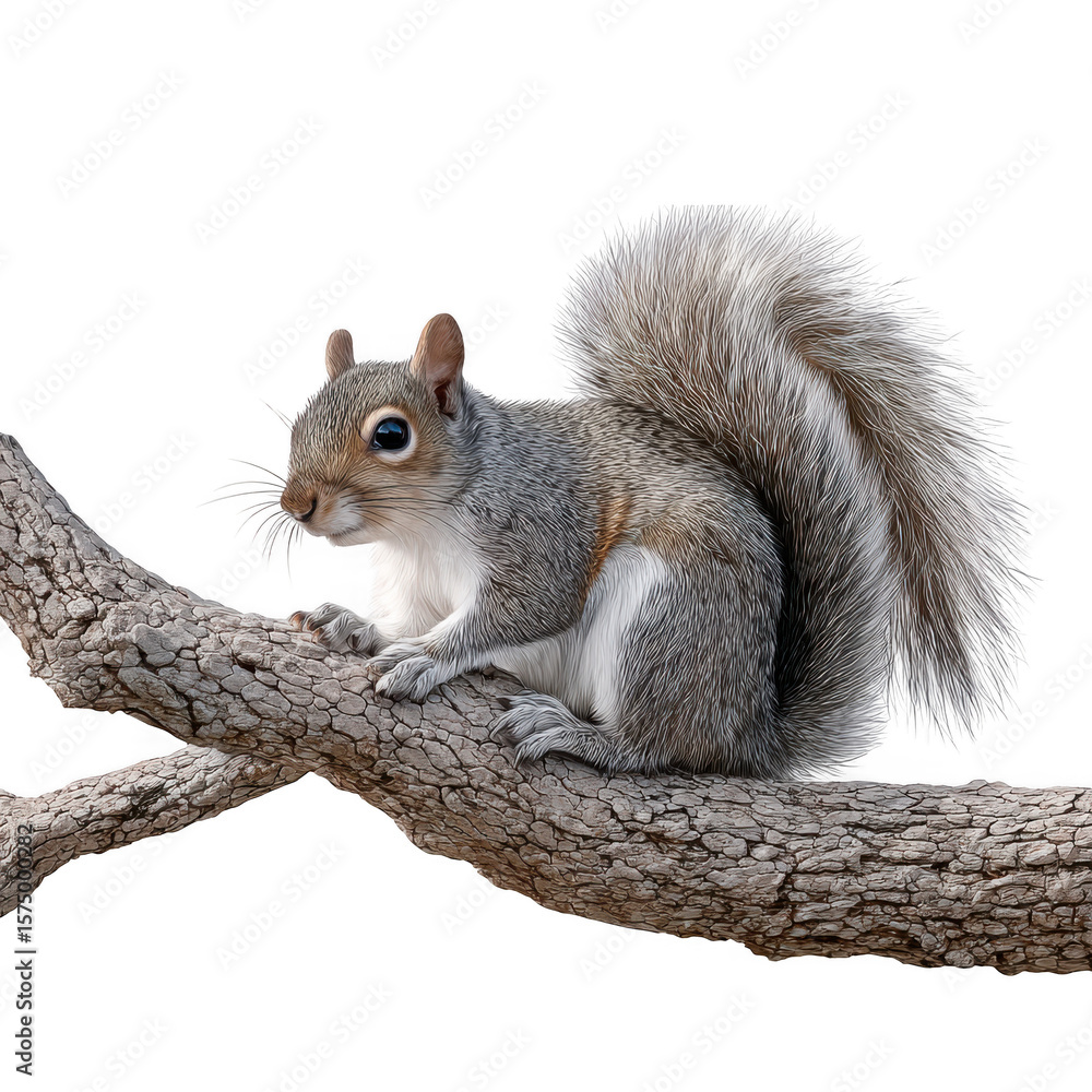 Obraz premium Detailed gray squirrel perched on a gnarled branch isolated on transparent background