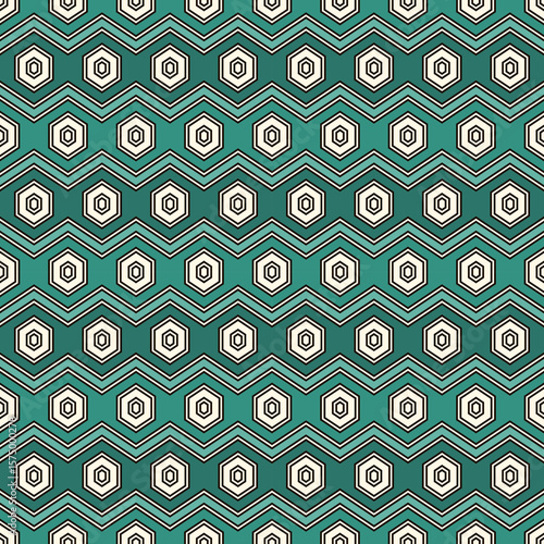Zigzag seamless pattern. Hexagon mosaic tiles ornament. Ethnic surface print. Repeated geometric figures background. Ornamental wallpaper. Modern geo design digital paper. Vector abstract art