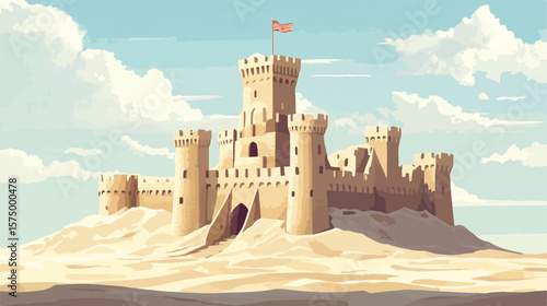 Impressive Sand Castle with Towers and Flag Vector Illustration