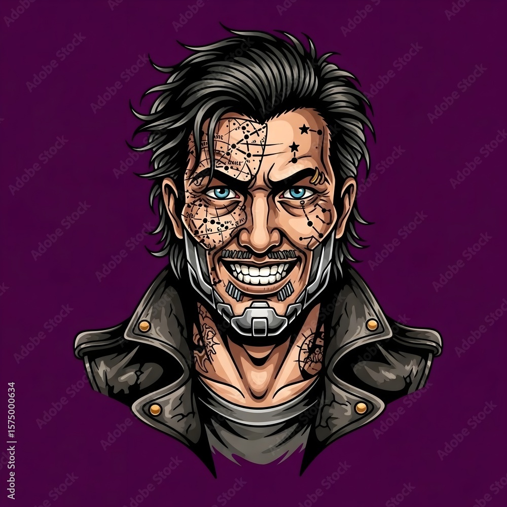 Cyberpunk Man With Tattoos And Leather Jacket Cyberpunk Man With Tattoos And Leather Jacket
