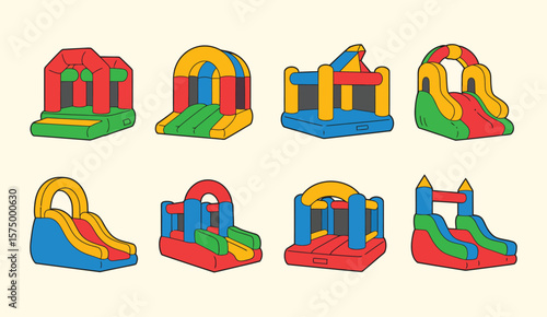 Collection of colorful inflatable bounce houses and slides for children s parties