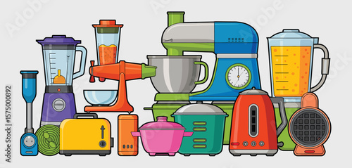 Collection of colorful modern kitchen appliances and gadgets arranged on a light background