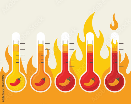 Five thermometers showing increasing heat levels with chili peppers and flames