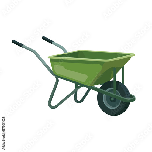 Green single wheelbarrow with metal handles and black grips isolated on white background