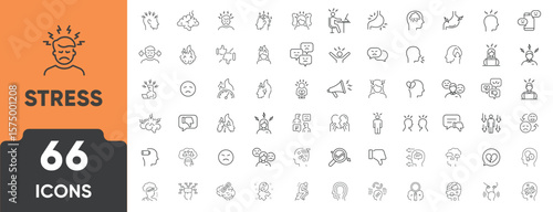 Stress Line Icon Set. Set of 66 outline icons including anxiety, headache, pressure, burnout, frustration, tension, and mental strain. Editable stroke. Linear vector illustration.