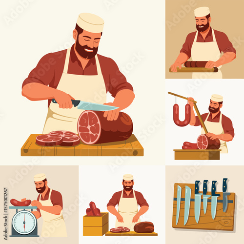 Skilled butcher prepares and displays various meat products with precision and care