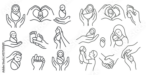 Set of drawings of people holding babies. The drawings are in black and white and are of various sizes. The mood of the images is warm and loving, as they depict people caring for and holding babies