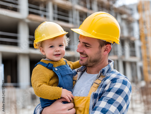 Father and son wearing hard hats at a construction site together