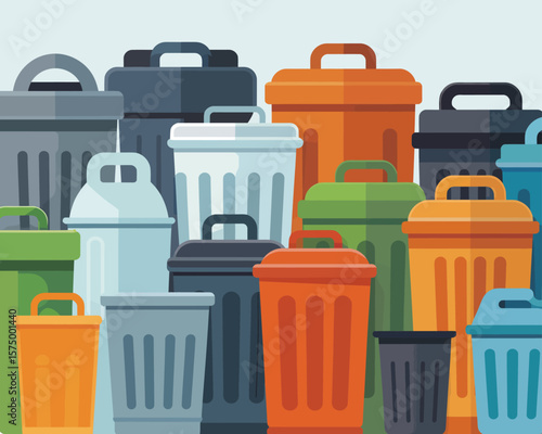 Collection of colorful modern trash cans and recycling bins arranged together