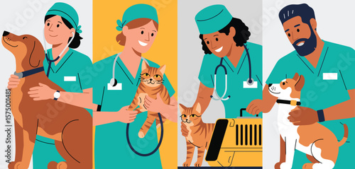 Veterinarians caring for dogs and cats in a modern flat illustration style