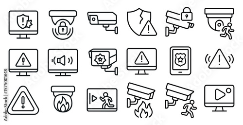 Series of icons depicting various security and surveillance devices. The icons include a fire alarm, a security camera, a police officer, and a person running. Scene is one of caution and vigilance