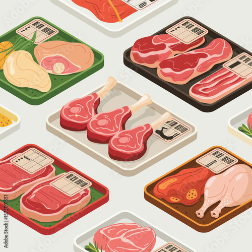 Assortment of fresh raw meats and poultry packaged for sale