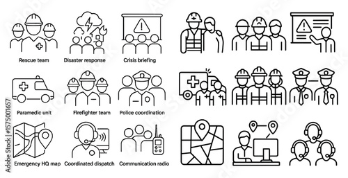 Series of icons depicting various professions and their roles in emergency situations. The icons include a police officer, a firefighter, an ambulance, a construction worker