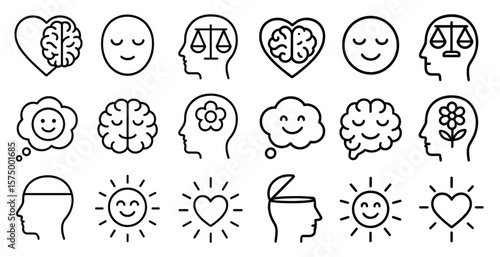 Collection of faces and symbols that represent different emotions and ideas. The faces are smiling and the symbols include a sun, a flower, and a scale. Scene is positive and uplifting