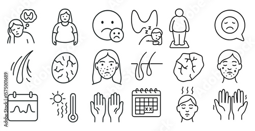 Collection of icons depicting various health issues and conditions. The icons include a person with a bald head, a person with a stomach, a person with a head, a person with a hand