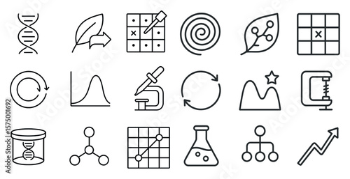 Collection of scientific symbols and icons. The icons include a DNA strand, a microscope, a test tube, a star, a mountain, a graph, a leaf, a circle, and a line