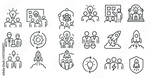 Set of icons that represent different ideas and concepts. The icons include a rocket, a light bulb, a shield, and a person. Scene is one of innovation and progress