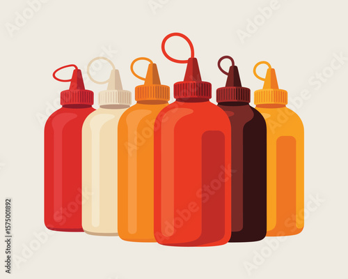 Row of colorful squeeze bottles filled with sauces and condiments