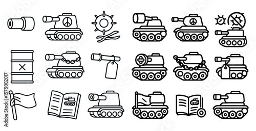 Set of black and white icons of tanks and other military vehicles. The icons include a tank, a book, a flag, a barrel, and a baseball bat
