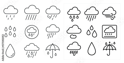 The image is a collection of different weather symbols, including raindrops, clouds, and umbrellas. Scene is one of a rainy day, with the various symbols representing different aspects of the weather