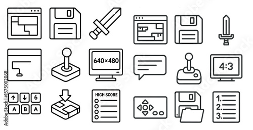 Set of icons for a computer game. The icons include a joystick, a sword, a keyboard, a mouse, a floppy disc, a high score sign, and a game controller