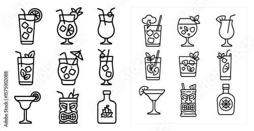 Set of 12 different types of drinks, including cocktails and martinis, are shown in a black and white style