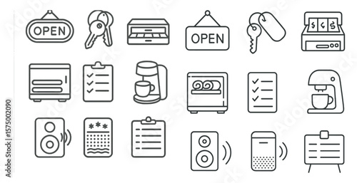 Open, key, check, coffee maker, microwave, toaster, oven, speaker, clock, remote control, and other kitchen appliances