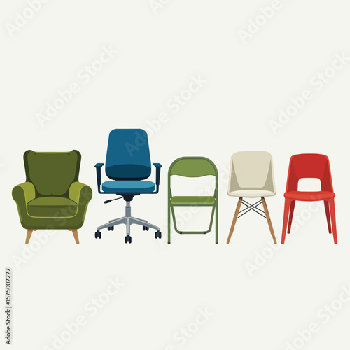 Collection of diverse chairs including armchair office chair folding chair and modern chairs