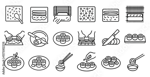 Series of images depicting the process of making sushi. The images show people using chopsticks to prepare the sushi, and there are various utensils such as knives and spoons