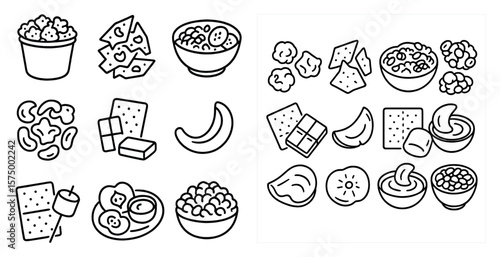 Variety of foods in different bowls, including chips, crackers, and fruit. The bowls are arranged in a way that suggests a buffet or a meal with a diverse selection of options