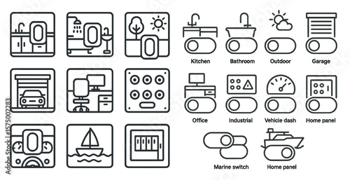 Set of icons for a home automation system. The icons include a car, a boat, a house, a kitchen, a bathroom, a garage, a desk, a computer, a clock, a window, a door, a sink