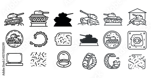 Collection of military icons including tanks, guns, and other military equipment. The icons are all in black and white