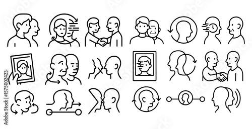 Series of faces with one saying "hello" and another saying "goodbye". The faces are all lined up and appear to be in a row