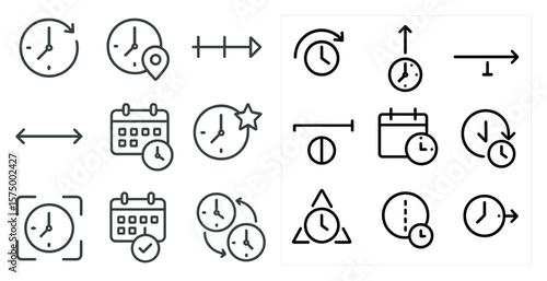 Collection of different clock designs, including a clock with a star and a clock with a triangle. The clocks are all in black and white, and they are arranged in various positions and orientations