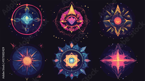 Set of Six Esoteric Art Icons in Vector Illustration