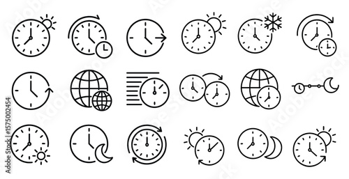 Collection of clocks in various positions and sizes. The clocks are all set to different times, and some are set to the same time. The collection of clocks creates a sense of time passing