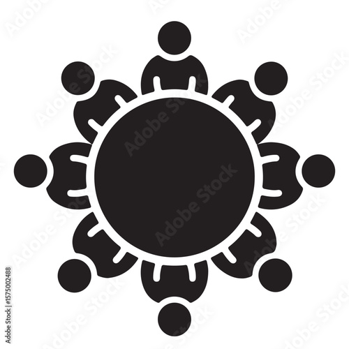 Diverse Group Meeting Around a Round Table, Collaboration and Teamwork Concept Illustrated in Simple Black and White Silhouette